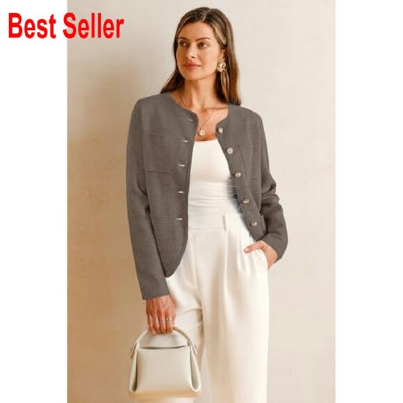 Wool Blend Sweater Blazer Classic Collarless Business Casual Jacket Pockets - Picture 3 of 8